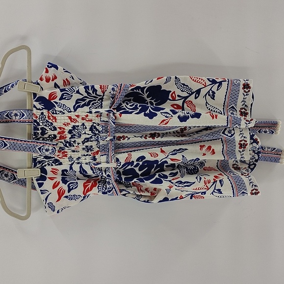 Rachel Zoe Red White Blue Linen Blend Romper Size 8 Button Down Neck Tie - Picture 7 of 10